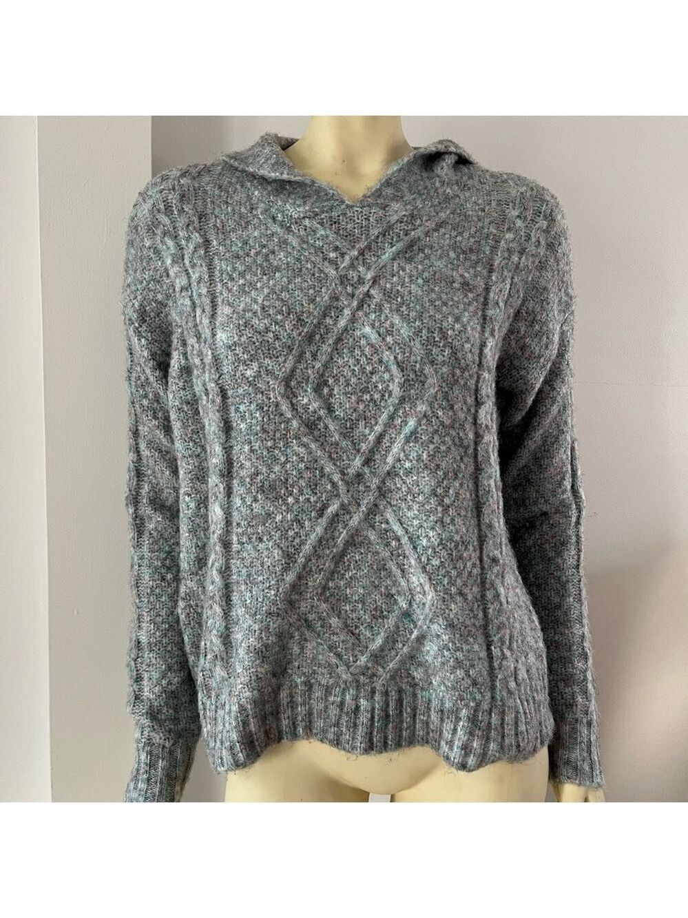 Rachel Zoe Women’s Cable Knit Hooded Cozy Boxy Sweater Blue Pink Cream M